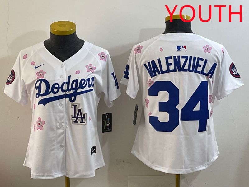 Youth Los Angeles Dodgers 34 Valenzuela White Sakura Edition 2025 Nike MLB Jersey style 9